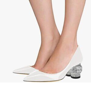 FSJ White Bridal Pointed Toe Chunky Low Heel Crystal Pumps Slip on Wedding Shoes